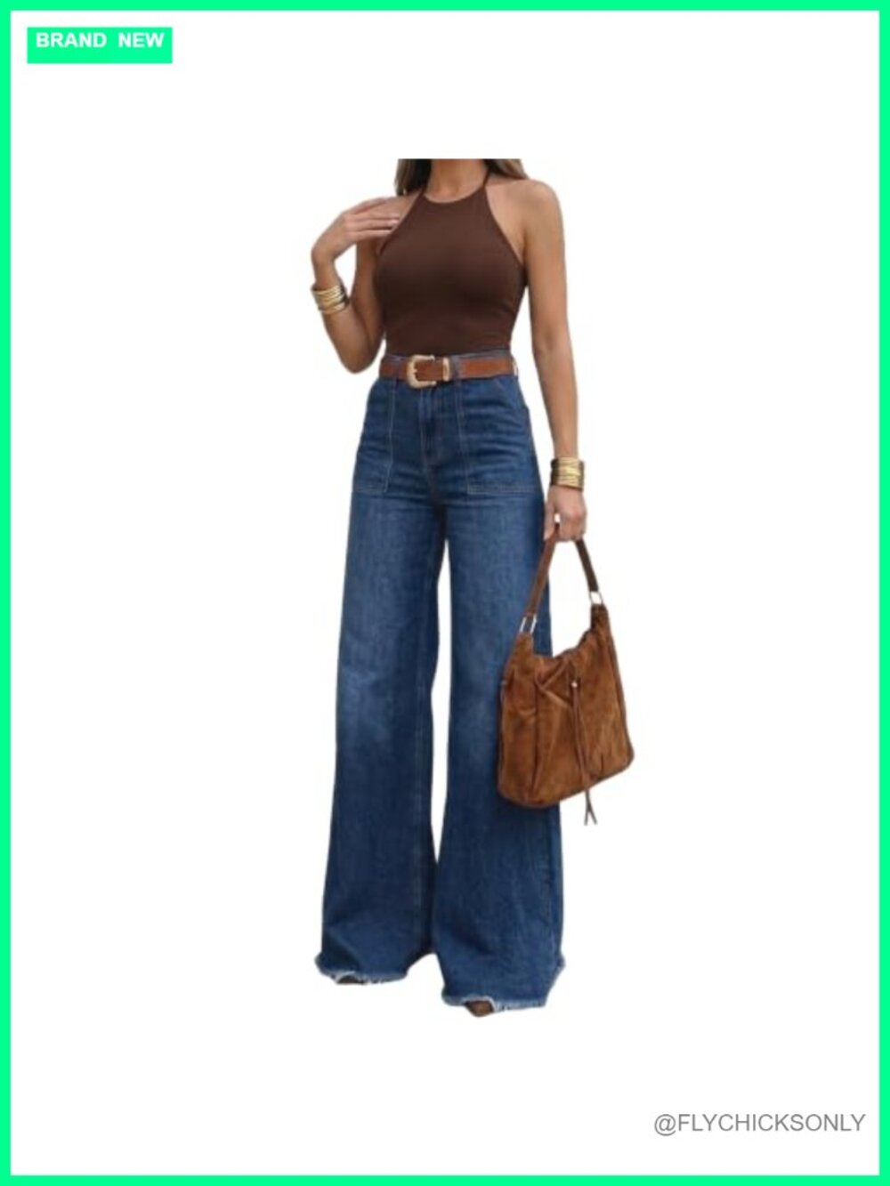 Women's 70s Retro High Waisted Wide Leg Jeans Long Inseam 32"